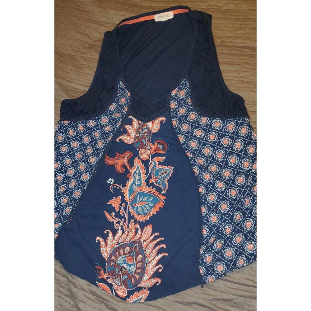 Taylor & Sage Women’s XL Sheer Floral Blouse Blue Lace Trim Sleeveless Top